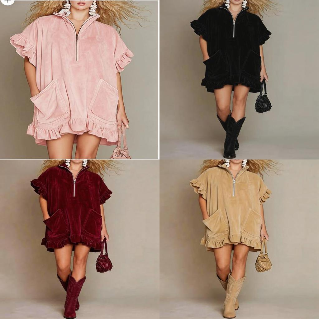 Streetwear A Line Dress With Zipper And Ruffle Sleeves For Casual Travel Or Party