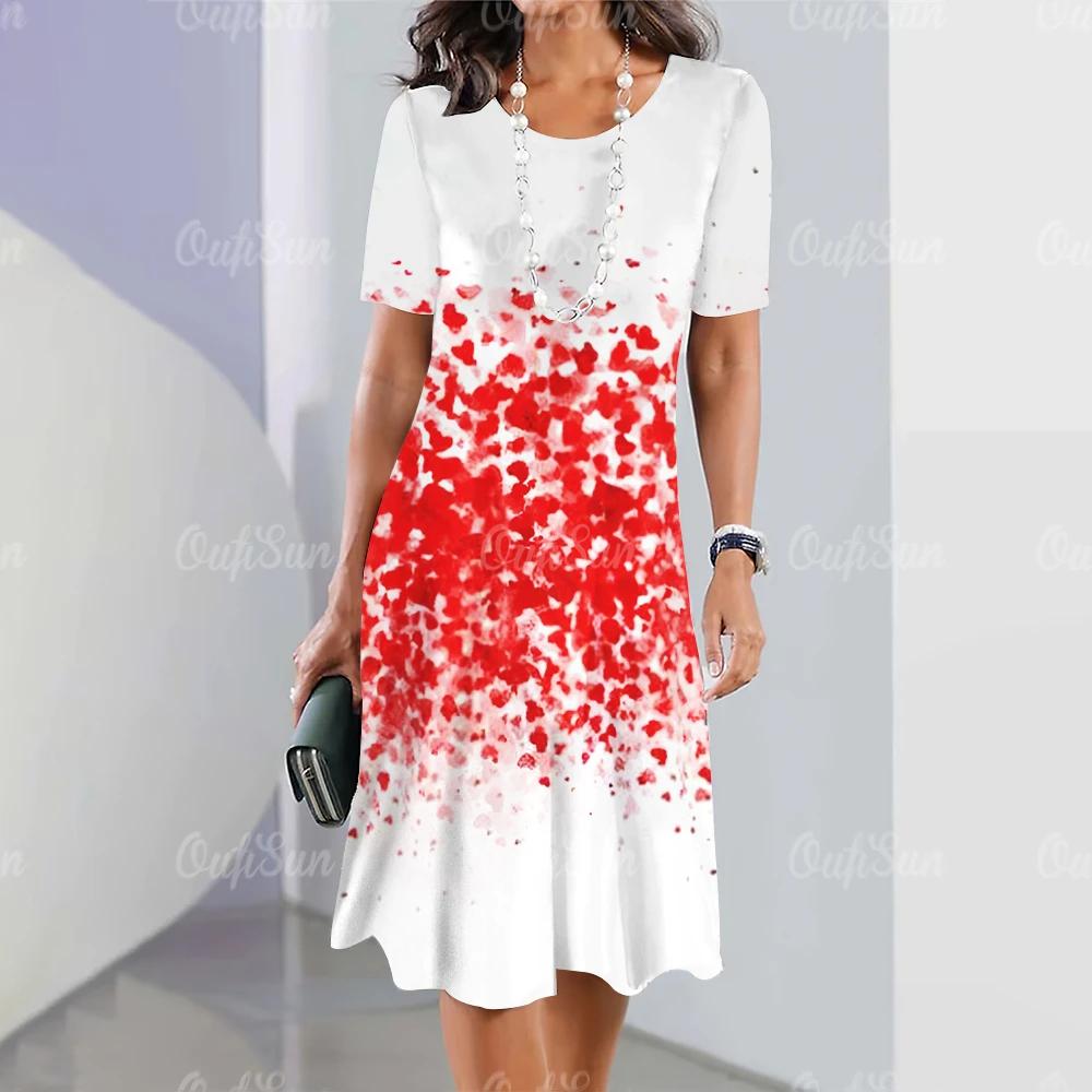 Классическая женская одежда Платья Летние красные наряды Простая женская одежда Цветочный принт Платье Свободная юбка-трапеция с круглым вырезом