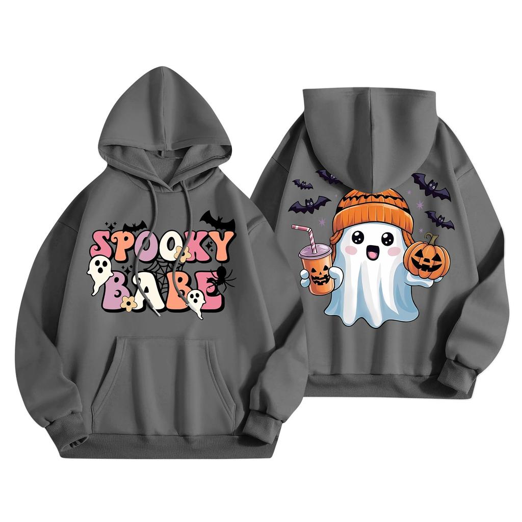 Женская мода, легкий женский свитер с длинными рукавами и карманами, толстовка с капюшоном и принтом на Хэллоуин