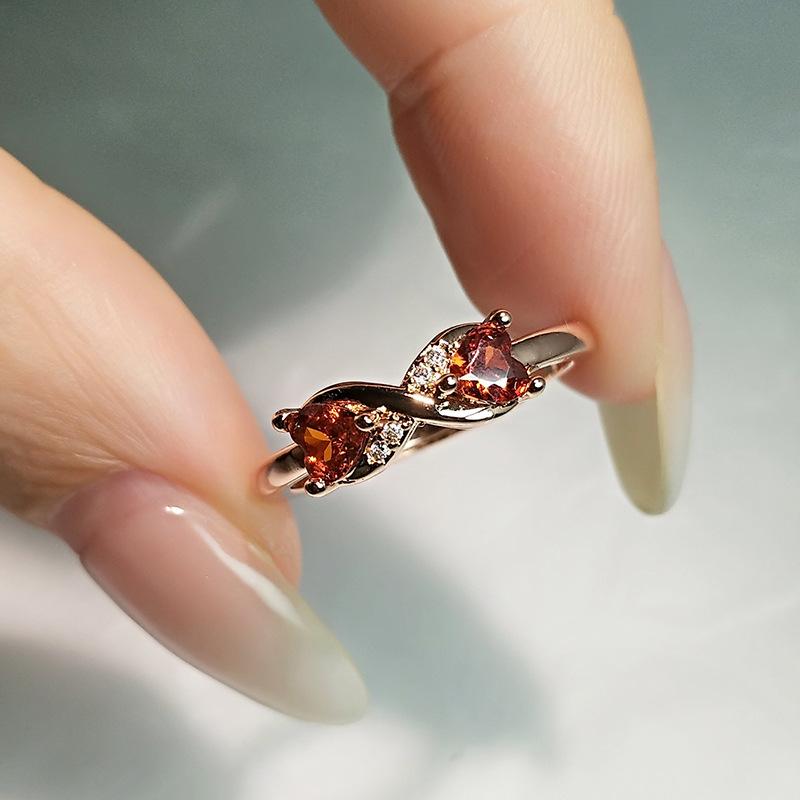 Delicate Double Diamond Pomegranate Red Heart Ring Women'S Double Heart Mobius Rose Gold Plated Love Living Ring