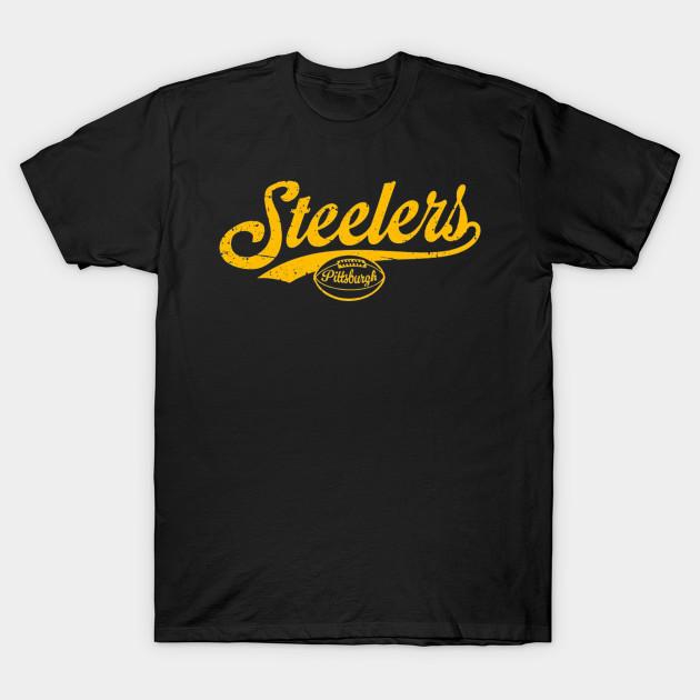 Asian Size Men Black Print T-shirt Retro Steelers No-Cut Heat Transfer Print Cotton Tshirt