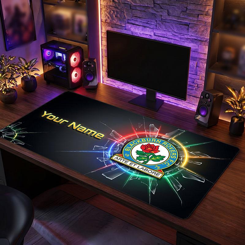 Blackburn Rovers FC Custom Large Mouse Pad, Personalized Name Text Print, Football Logo Non‑Slip Desk Mat Gaming Gift