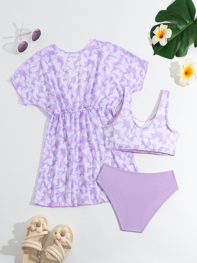 Модный комплект из 3 предметов для девочек, купальный костюм с принтом, топ с короткими рукавами, прикрытый купальник, купальный костюм