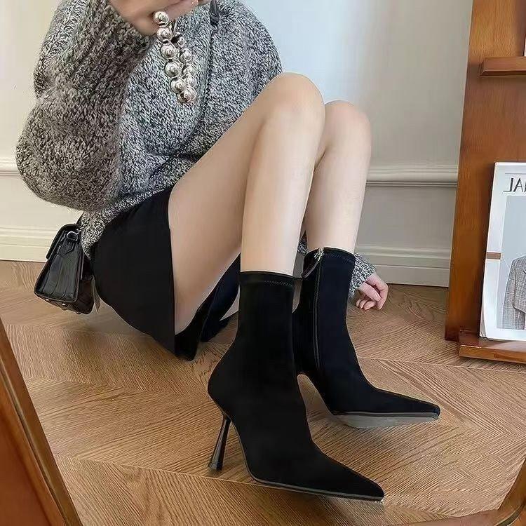 High heel thin elastic short boots women's autumn and winter new pointed suede socks boots temperament thin heel thin boots