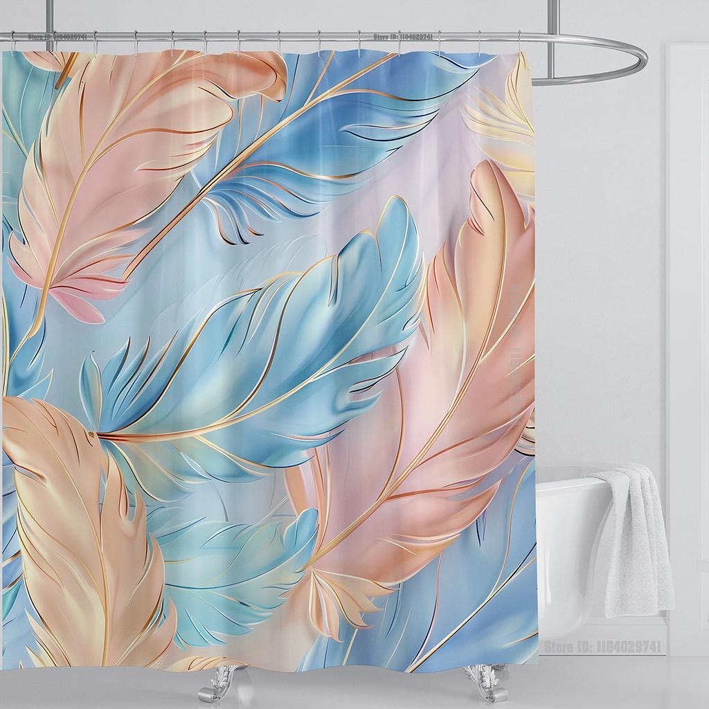 3D Feather Shower Curtain Set Colorful Printed Design Fabric Bathroom Decoration Waterproof Washable Shower Curtain with Hooks