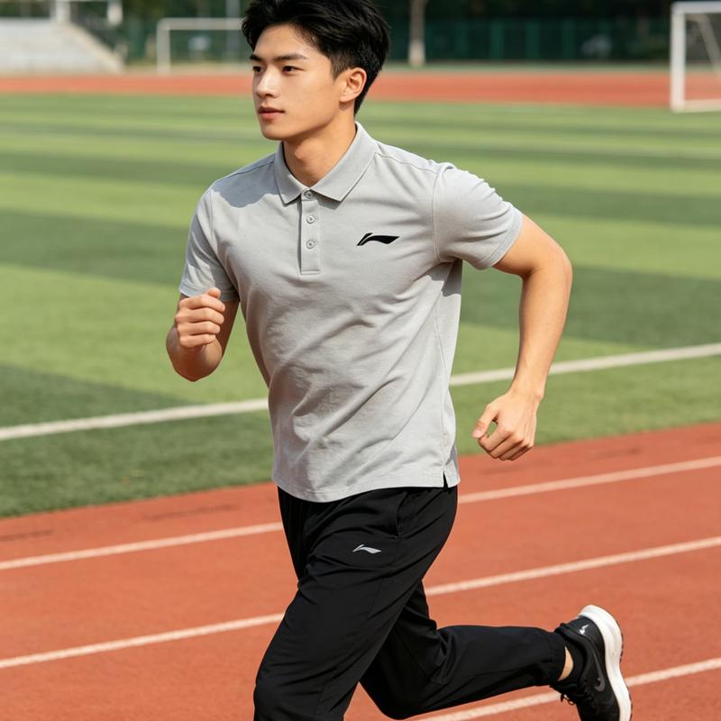 Li-Ning Летняя мужская рубашка-поло Быстросохнущая Дышащая Удобная Повседневный Спортивный комплект Мужские топы Светло-серый Черный APLW677-3+AKLU881-1