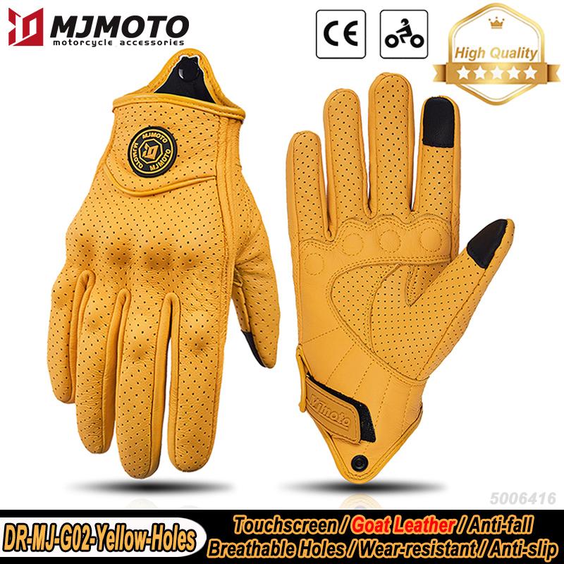 MJMOTO Retro Leather Motorcycle Gloves Comfort Breathable Motocross Gloves Built-in Protective Case Motorbike Gloves Touchscreen