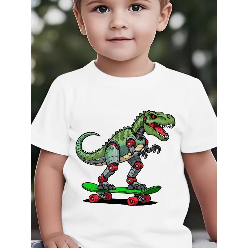 Boys Summer Crewneck Tee, Cartoon Mechanical Dinosaur Riding Skateboard Print