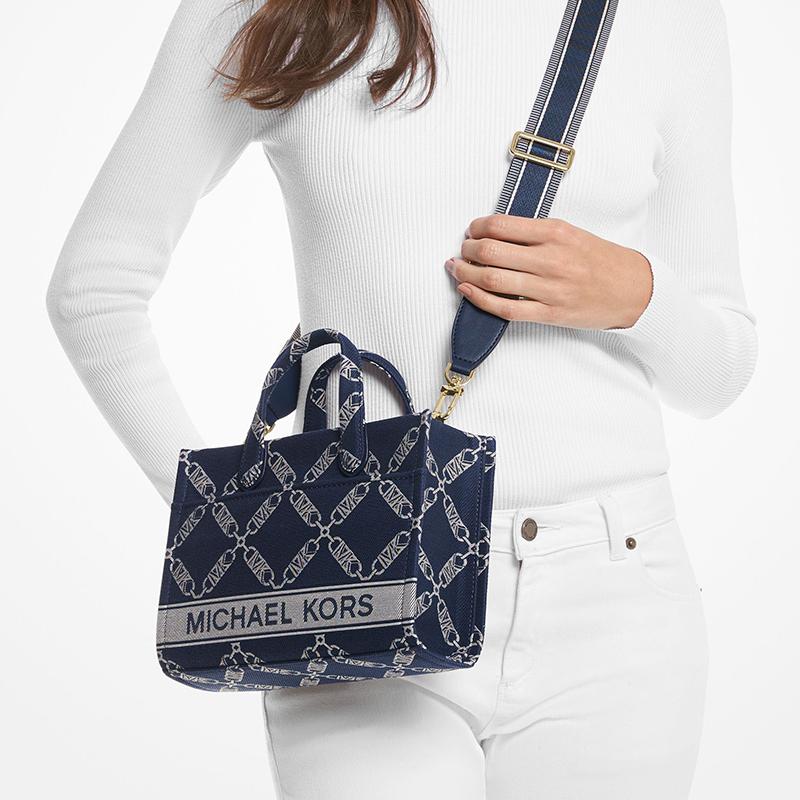 MICHAEL KORS Gigi Logo Chain Jacquard Pattern Commuting Business Fabric Tote Bag Shopping Bag Shoulder Crossbody Handbag Medium Women's Navy Blue