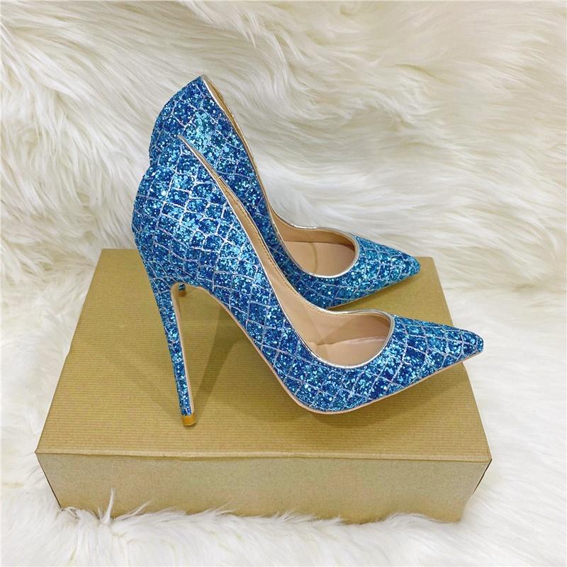Синие сексуальные банкетные туфли на высоком каблуке, тонкие каблуки, женские туфли с блестками и кристаллами