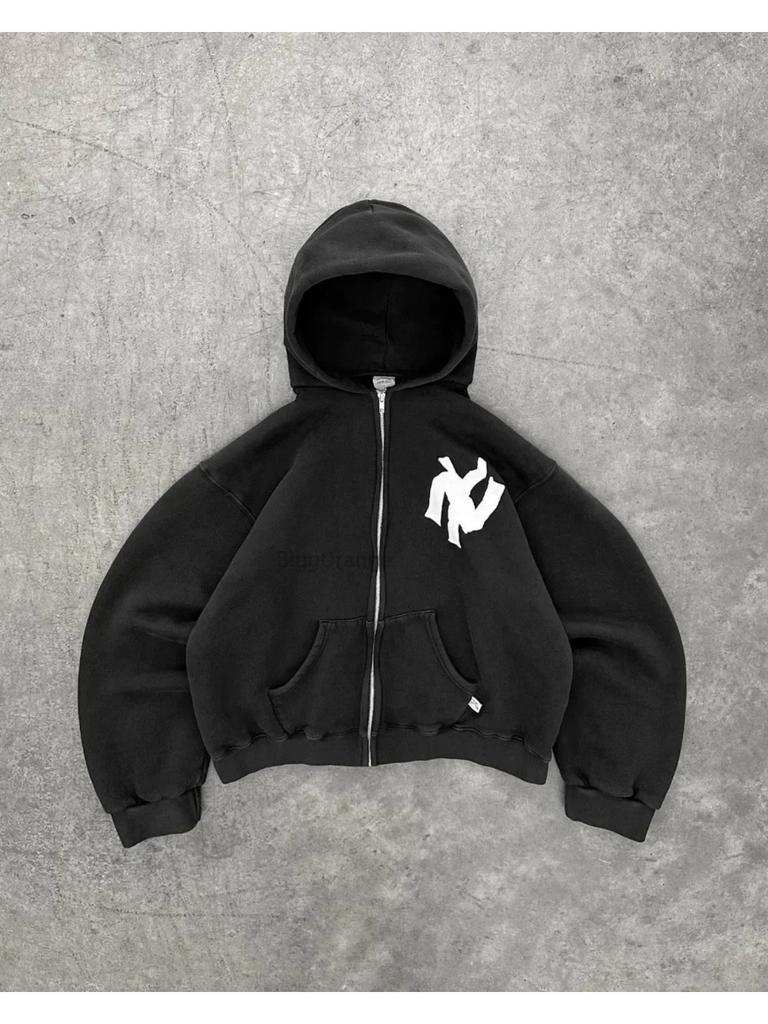 ZYLLO Харадзюку Ретро Новая Печать Цветок Раскрывающийся Свитер С Капюшоном Y2K Уличный Хип-Хоп Повседневный Свободный Свитшот Парный Топ