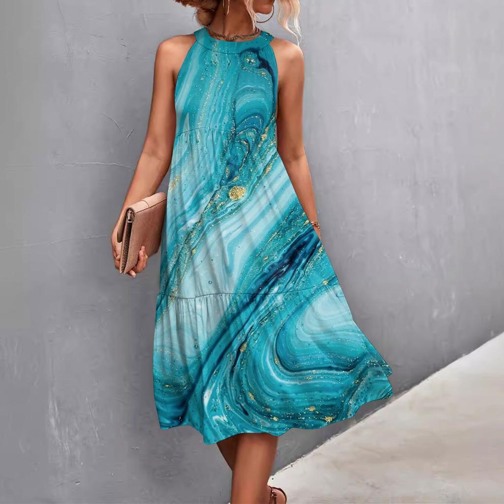 Женские летние свободные повседневные пляжные платья без рукавов с однотонным принтом и висячим вырезом