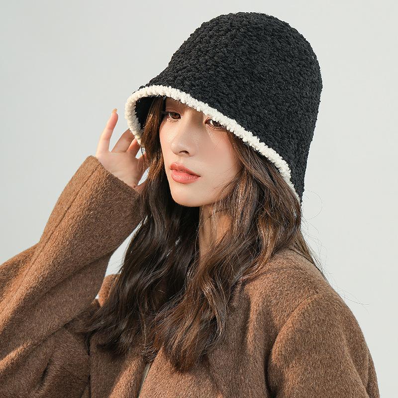 Панама женская осенне-зимняя простая модная японская универсальная шляпа с цветными блоками, показывающая лицо, закрывающая маленькое лицо, плюшевая шляпа рыбака