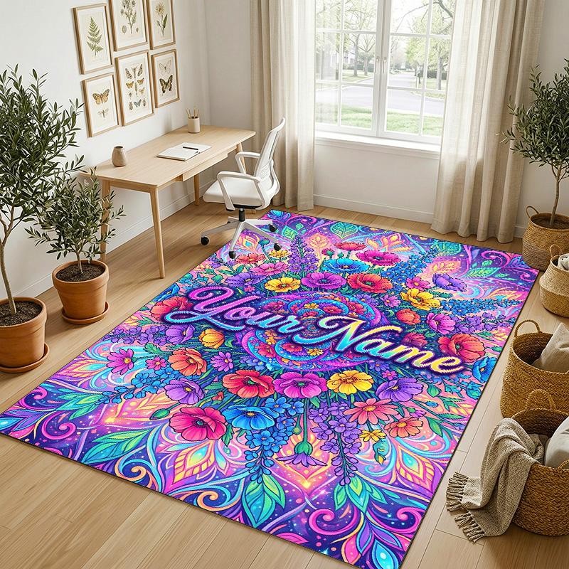 Floral Garden Theme Crystal Velvet Rug Personalized Custom Name Text Soft Floor Mat Home Decor