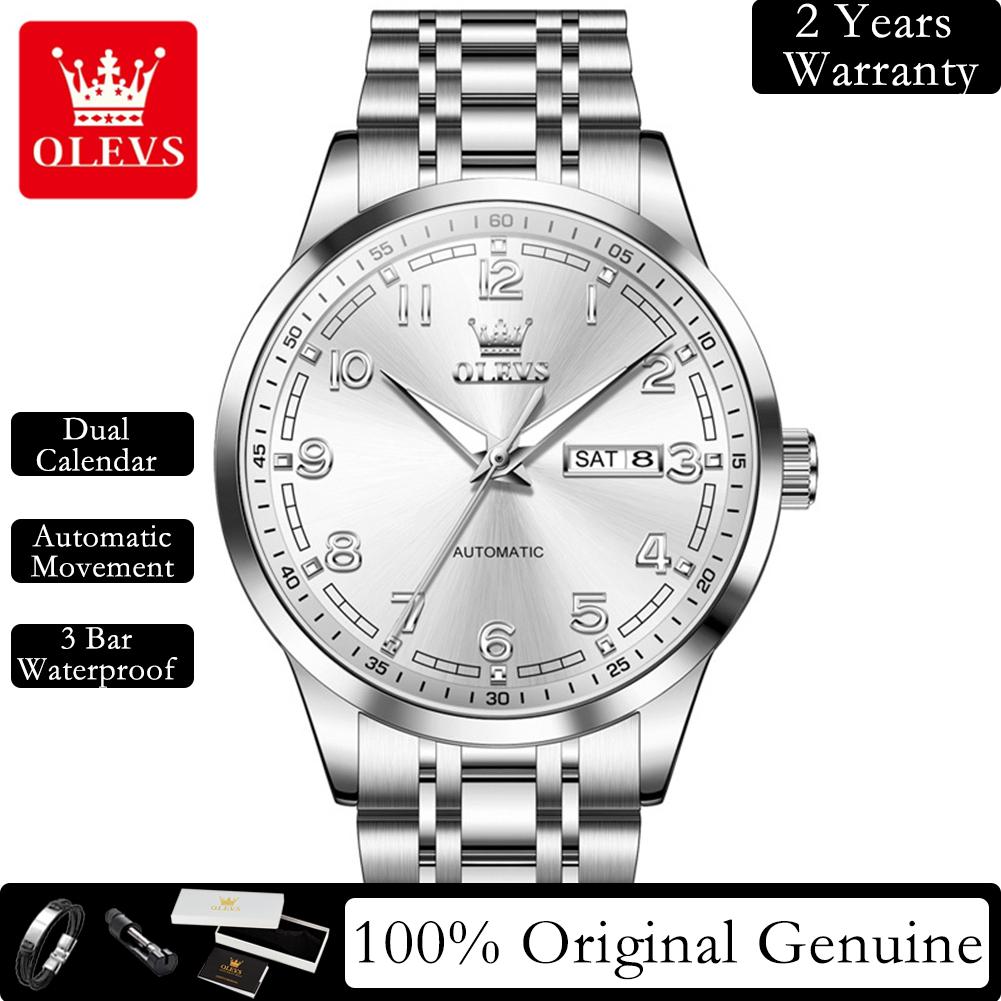 OLEVS Man Watch Luxury Automatic Mechanical Wristwatches Original Stainless Steel Waterproof Luminous Date Week Hand Clock 7077