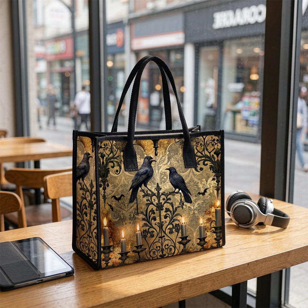 Gothic Raven Crow Candle Printed Large Tote Bag Vintage Pattern Casual Daily Shoulder Bag For Women