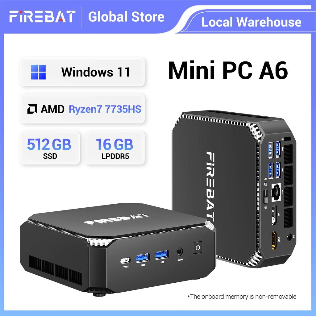 FIREBAT Мини-ПК A6 AMD Ryzen7 7735HS 8-ядерный 16-поточный Компьютер 16 ГБ ОЗУ LPDDR5 512 ГБ SSD WiFi 6 BT5.2 Мини-ПК 4K Windows11 Настольный Компьютер
