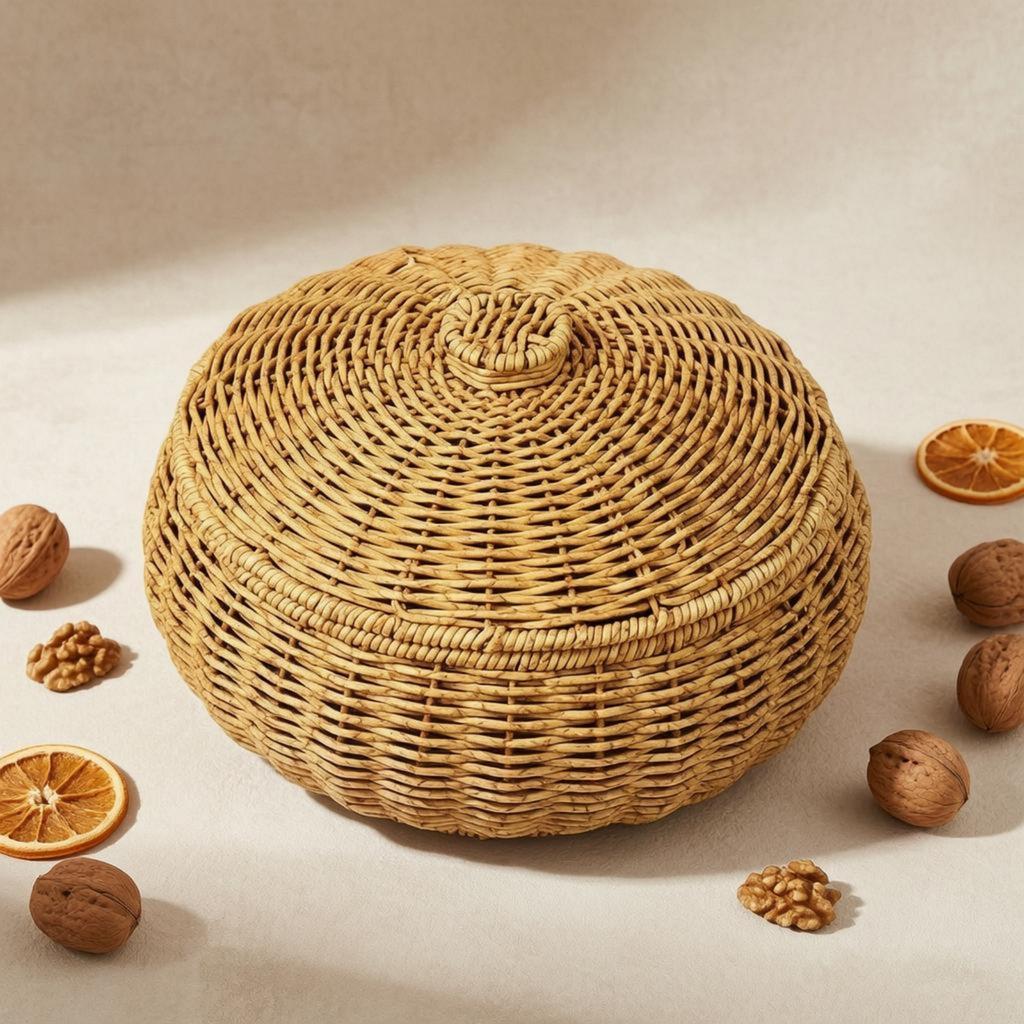 Wicker Basket with Lid Textured Weave Lidded Rattan Basket Multipurpose Rustic Design