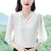 Solid Color Chiffon Shirt Women's New Summer V Neck Bottoming Top Seven-quarter Sleeve Sleeve Versatile Pullovers Chiffon Blouse