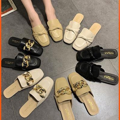 Интернет-знаменитость цепочка маленький ароматный стиль плоская подошва квадратный носок сумка голова полушлепанцы женская обувь 2021 лето новый универсальный корейская версия тренд