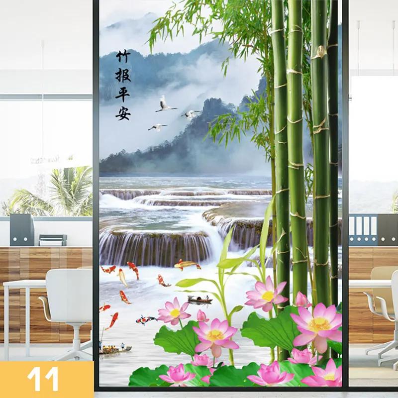 Retro Chinese Style Bamboo Pattern Window Film Green Bamboo Static Cling Glass Stickers Sliding Door Frosted Privacy Window Film