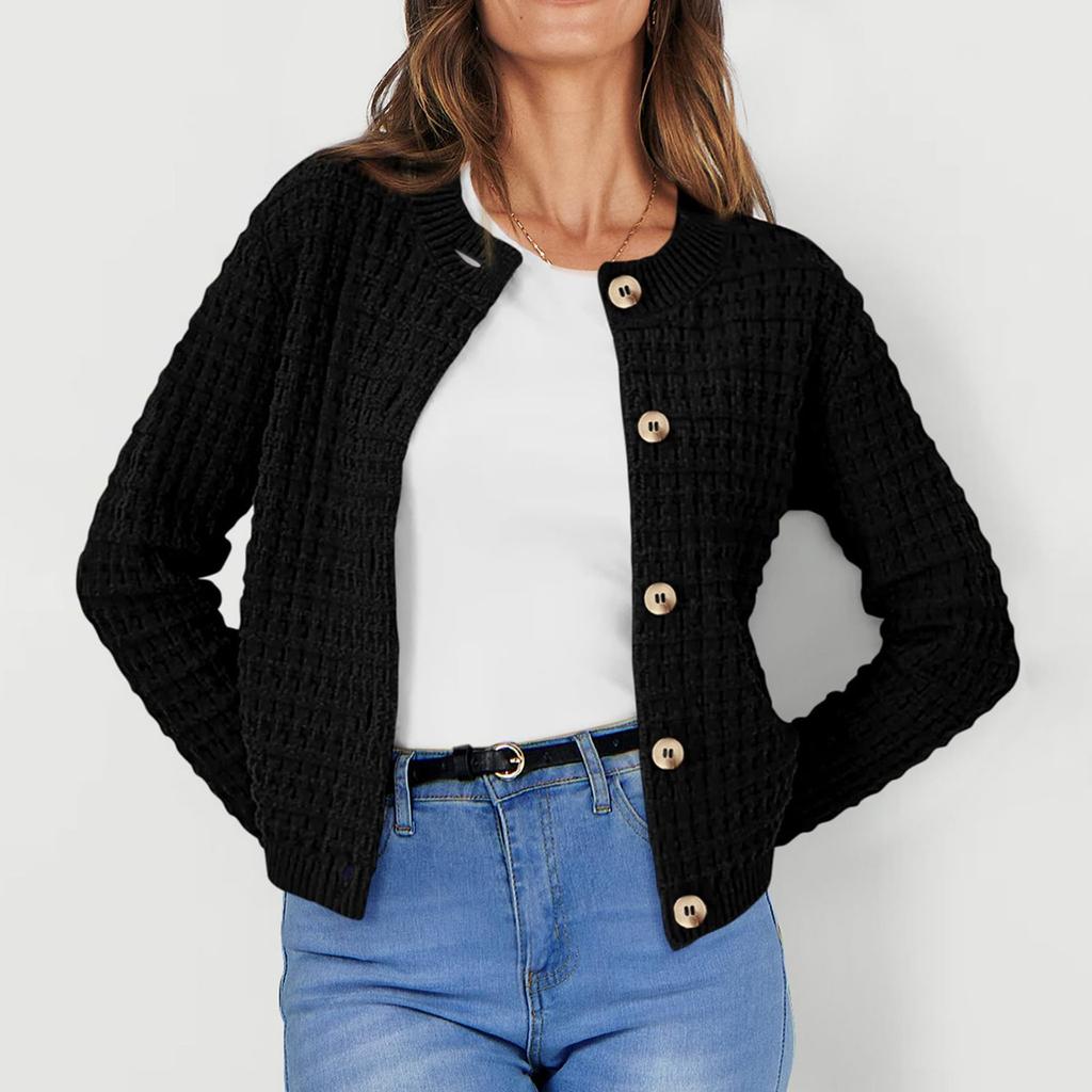 Women's Fashionable Solid Color Long Sleeved Button Knit Cardigan Casual Sweater Jacket
