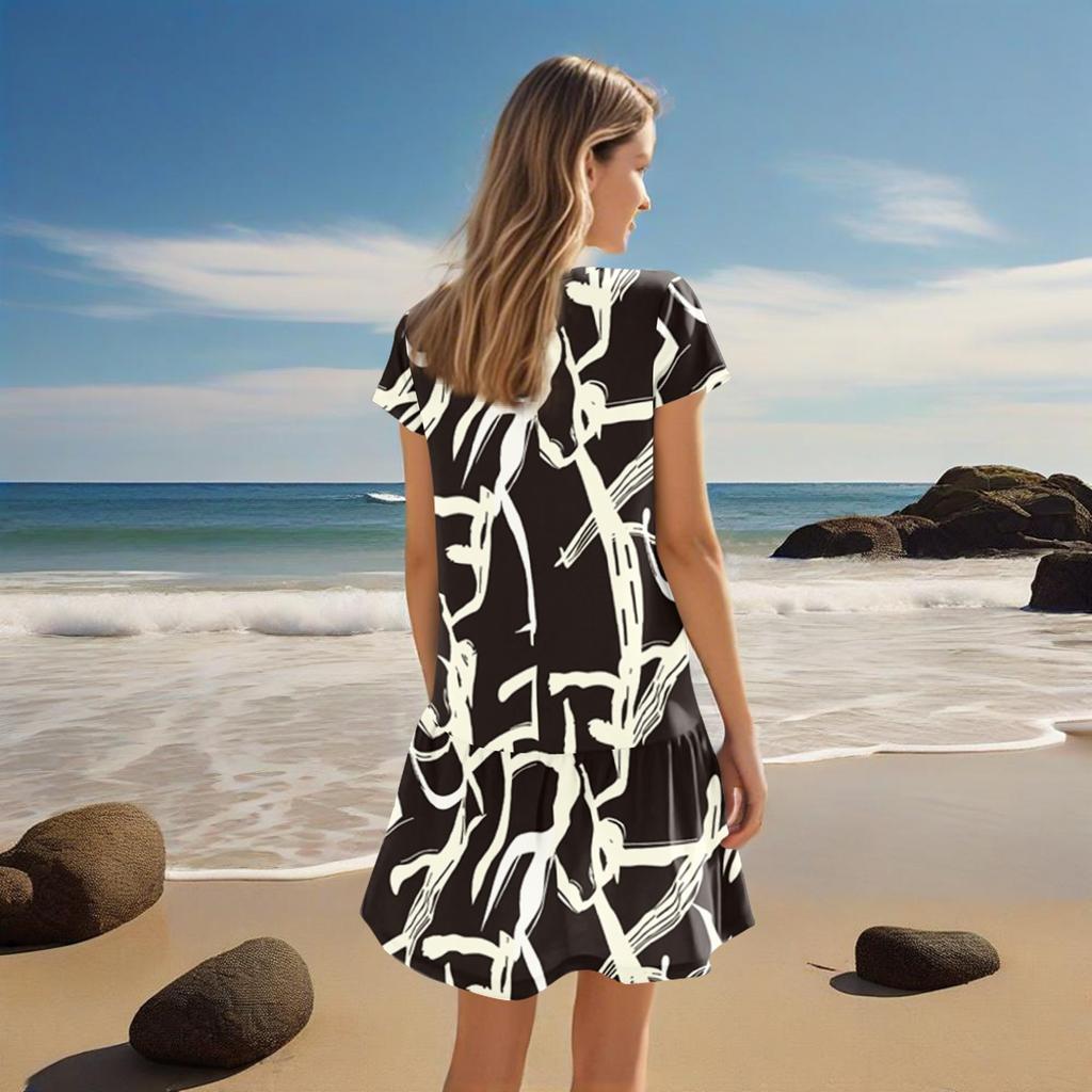 Женские платья с коротким рукавом и V-образным вырезом с цветочным принтом Свободные повседневные пляжные платья в стиле темперамент