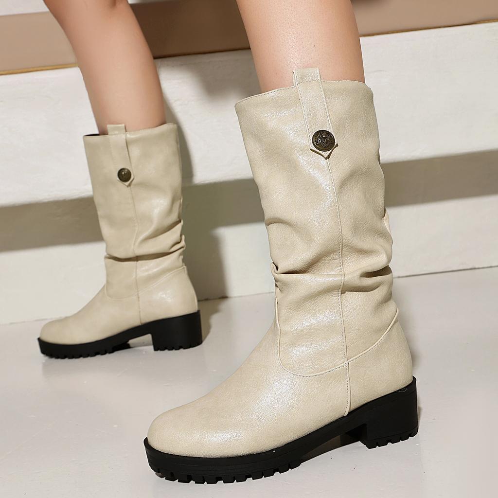 Women's Low-heeled Boots Autumn and Winter New European and American Thick-heeled Large-size Roman Medium Boots