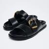 Fashion Black Pu Metal Buckle Brand Flat Sandals Women Fashion Broadband Open Toe Thick Bottom Slippers Comfort Soft Sole Beach Sandals