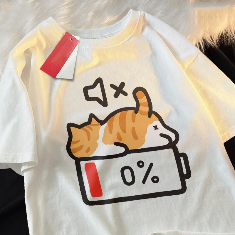 Retro Style Cat Printing Loose ShortSleeved TShirt Pregnant Unisex With Summer Round Neck Top