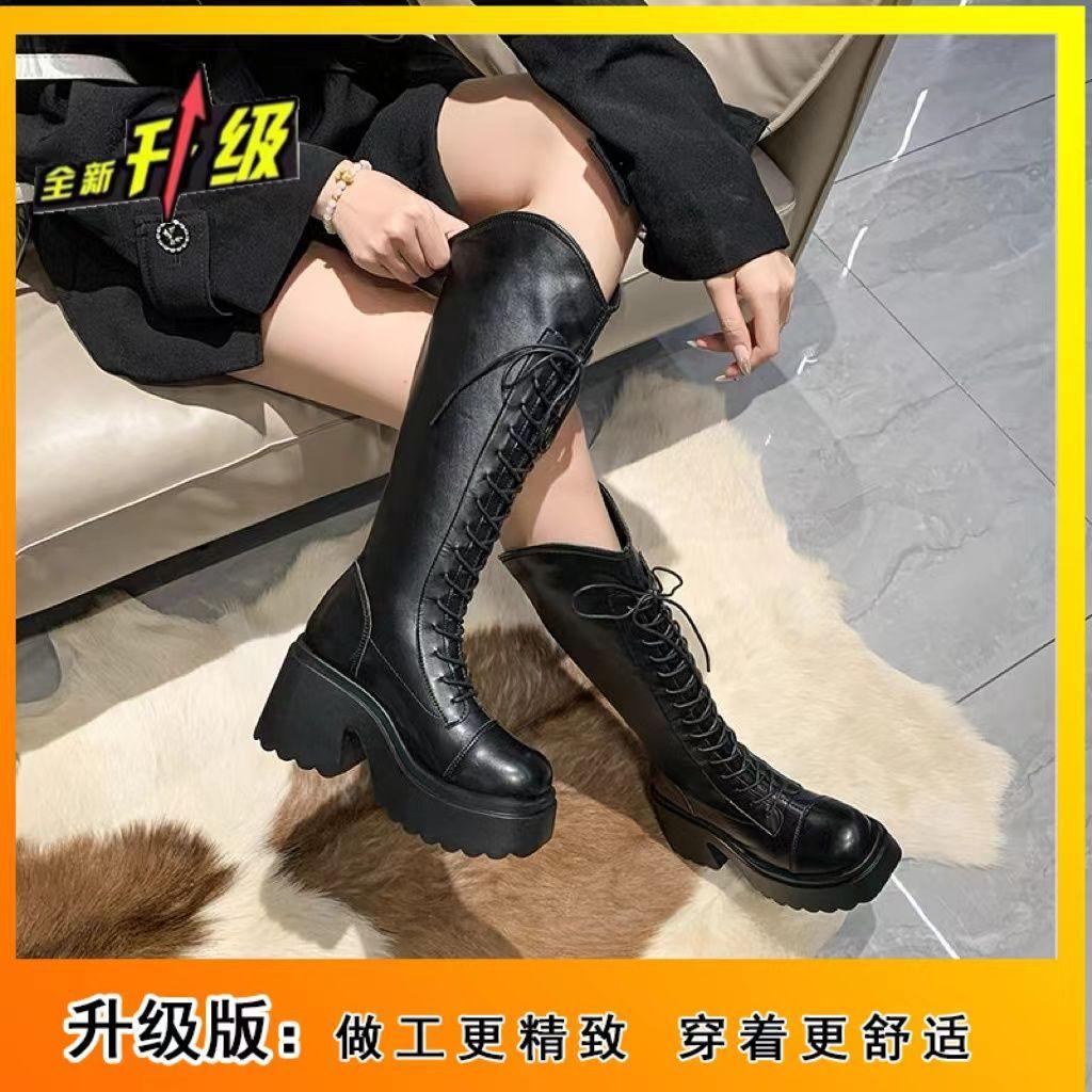 Платформенные сапоги с V-образным вырезом женские 2025 осень и зима тонкий толстый каблук высокие сапоги до колена универсальные сапоги в рыцарском стиле инс