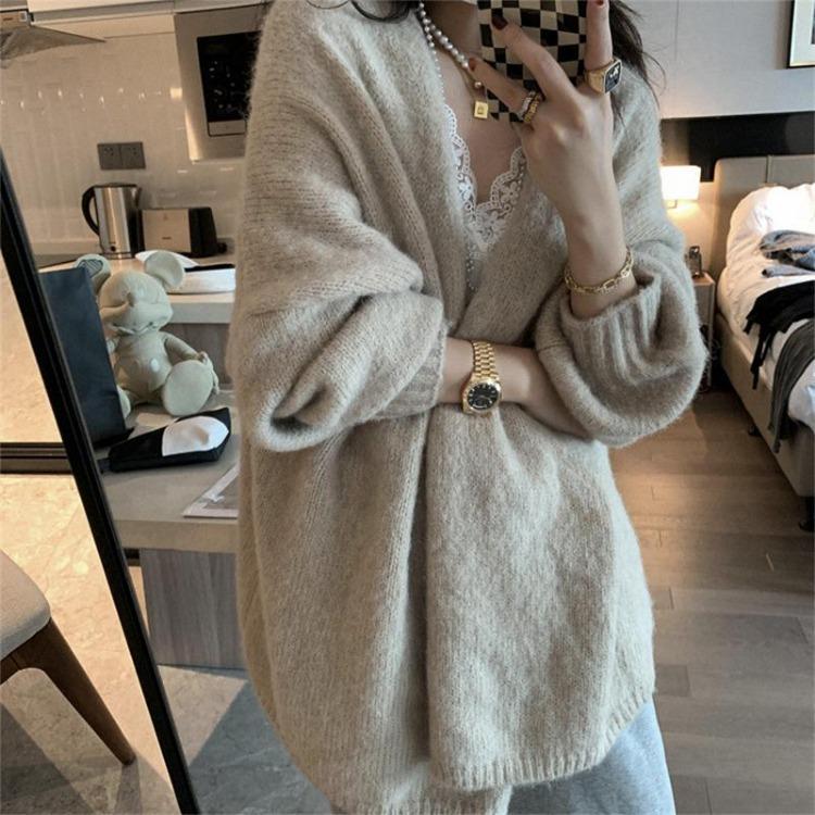 Women's Casual Solid Color Loose Knitted Cardigan Sweater Jacket Top