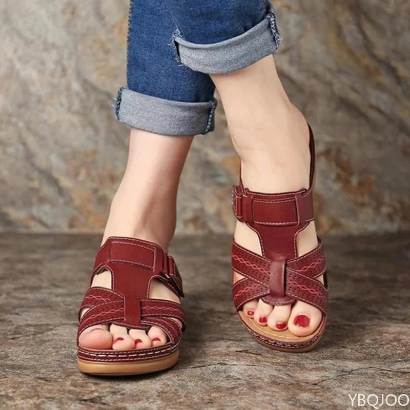 Large Size Summer Women's Shoes Casual Retro Wedge Heel Slippers Ladies Designer Durable Shoes Solid Color Leather Slippers