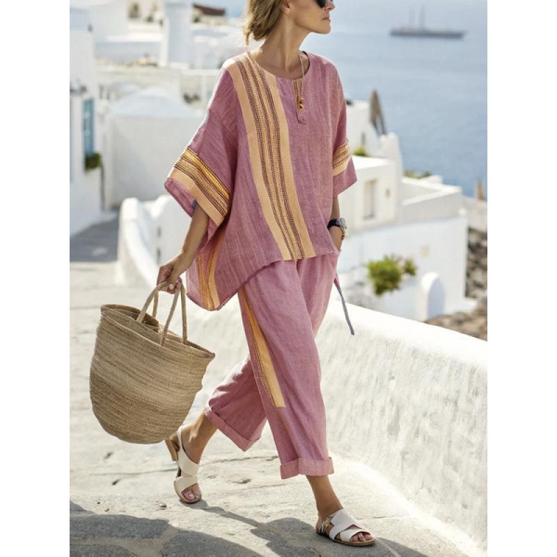 1D European and American style plus-size loose casual five-quarter sleeve women's summer fashion seaside vacation beach two-piece set