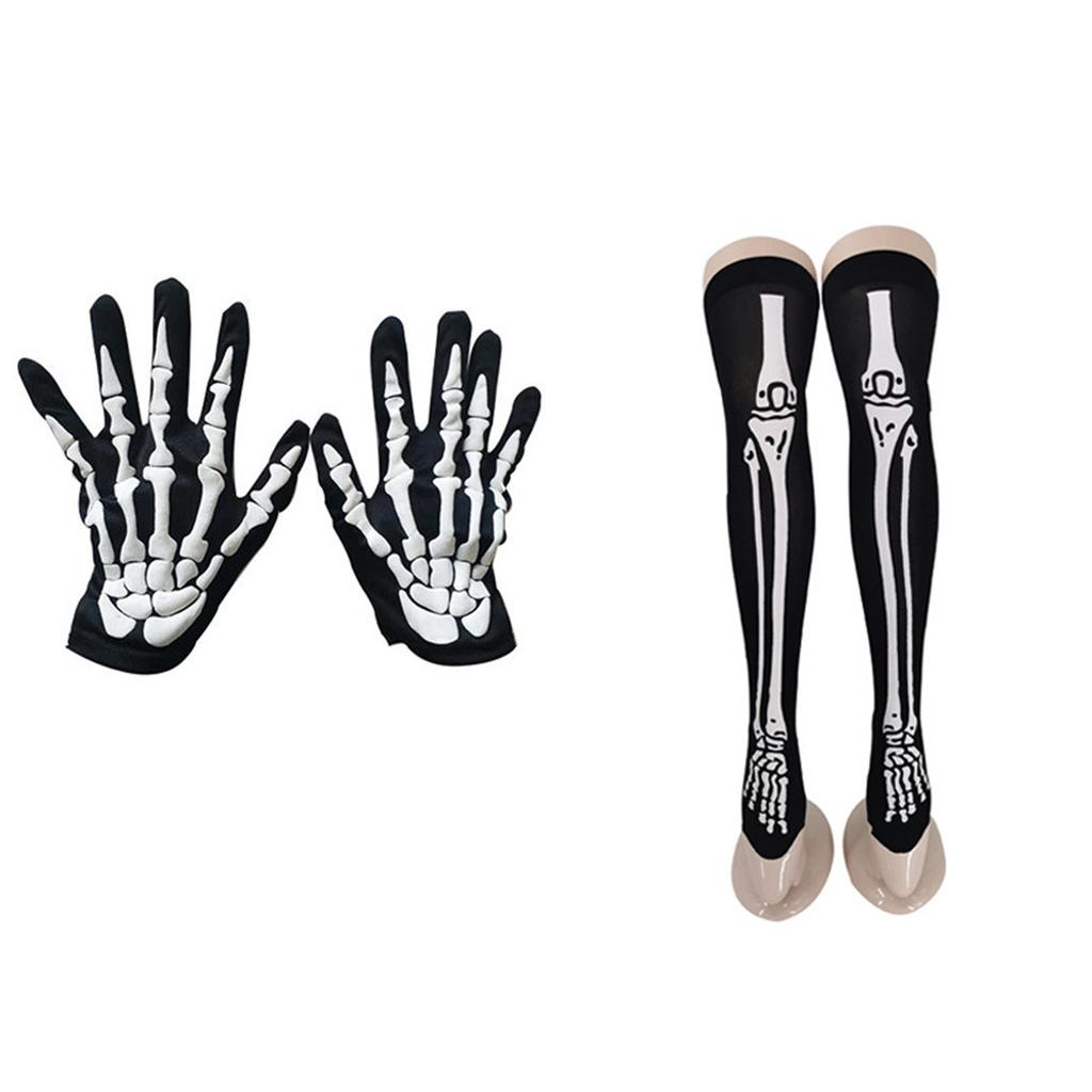 Women's Halloween Scary Skeleton Print Party Gloves Socks Set Two-piece Suit