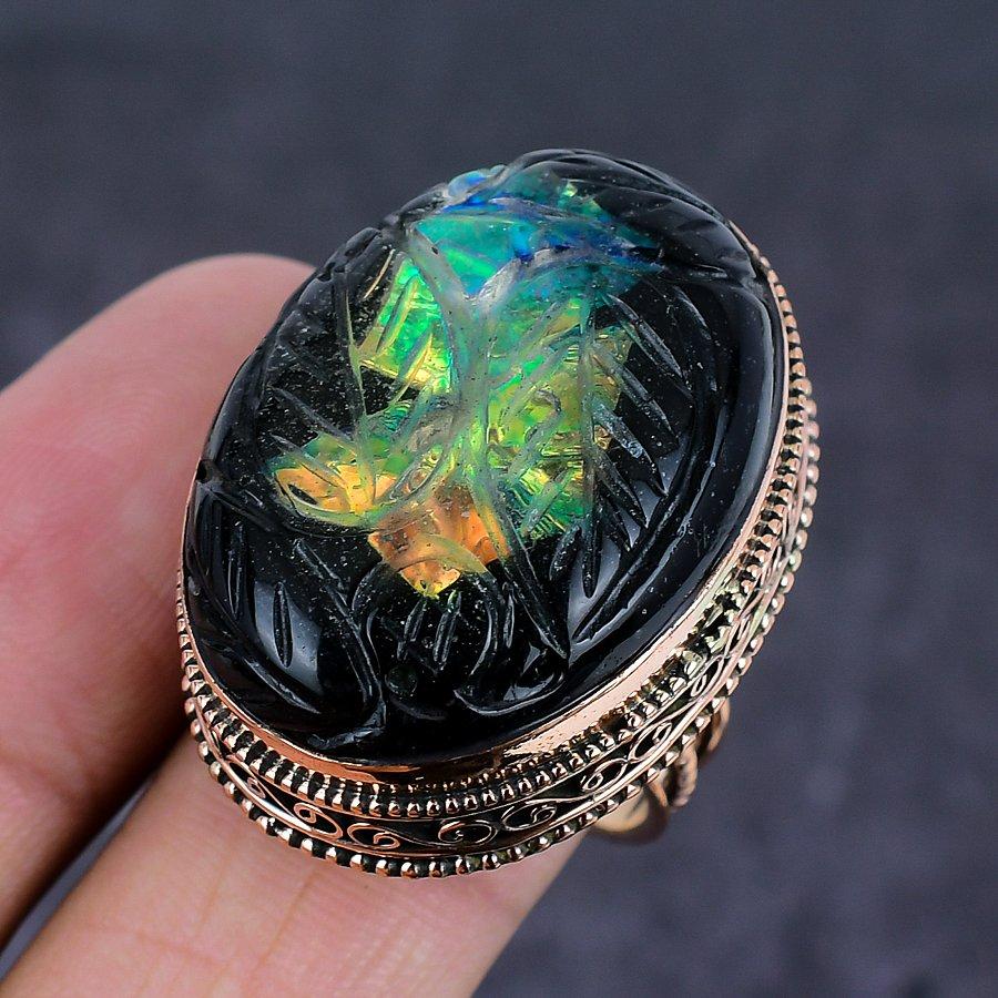 Natural Ammolite Gemstone Handmade Copper Jewelry Ring Size 9 K6s94