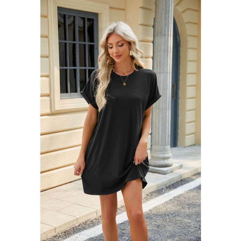 YYFS Женская мода лето весна однотонный принт с коротким рукавом и круглым вырезом свободная талия повседневные платья