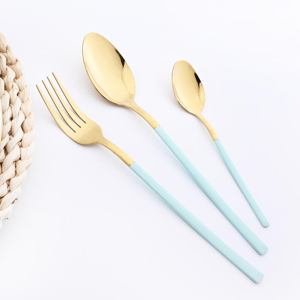 24 Pieces Sets Kitchen Tableware Cutlery Set Mint Green Gold Stainless Steel Dinnerware Set Food Flatware Mirror Silverware Set