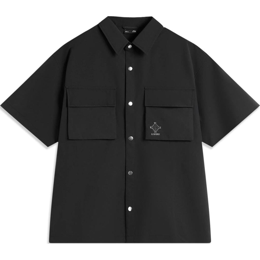 Li Ning Серия спортивного образа жизни Однотонная рубашка поло на пуговицах Удобная дышащая Рубашка с коротким рукавом Свободного кроя Мужские рубашки Черный ASHU239-2