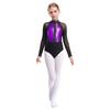 Girls Shiny Rhinestones Leotard Color Block Patchwork Keyhole Back Sheer Mesh Long Sleeve Bodysuit