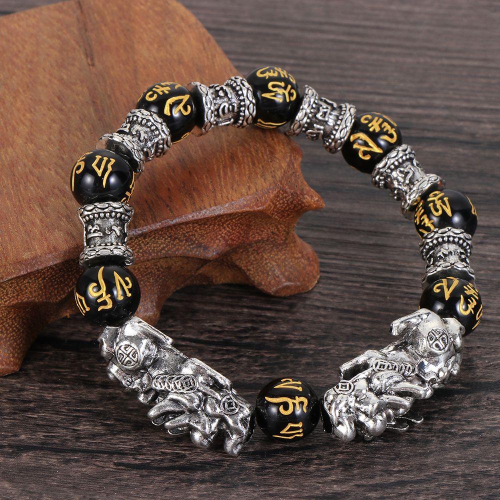 Браслет-манжета «Удача и богатство» Черный браслет Фэн-шуй Серебряный браслет PiXiu Obsidian