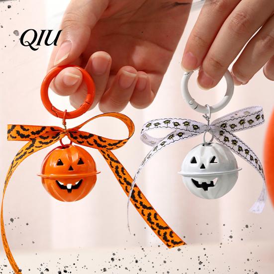 Halloween Backpacks Charm Pumpkin Bell Keychain, Hollow Head Key Ring with Ribbon Bow, for Holiday Party Decoration Keychain