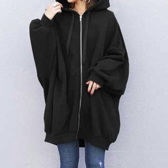 Women Autumn Hooded Drawstring Sweatshirt Coat Long Sleeve Pockets Zipper Placket Mid Length Solid Color Hoodie Outwear