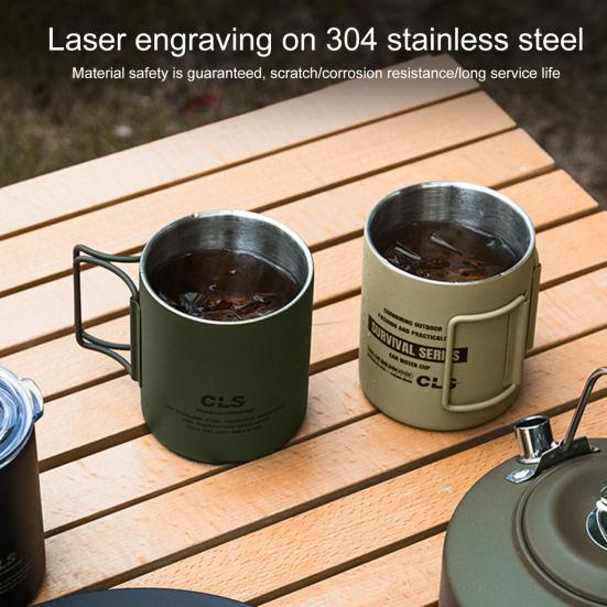 320ML Stainless Steel Camping Cup with Foldable Handle Double Layers Outdoor Travel Picnic Tea Milk Beer Milk Mug Insulated Metal Drinking Cup