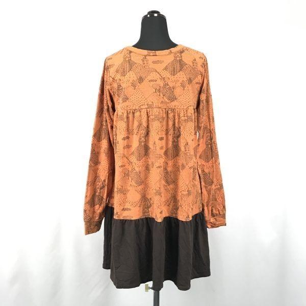 Made in Japan PESQUEIRA Long Sleeve Dress/Women's Size M/Orange×Brown/Allover Print/(USED)