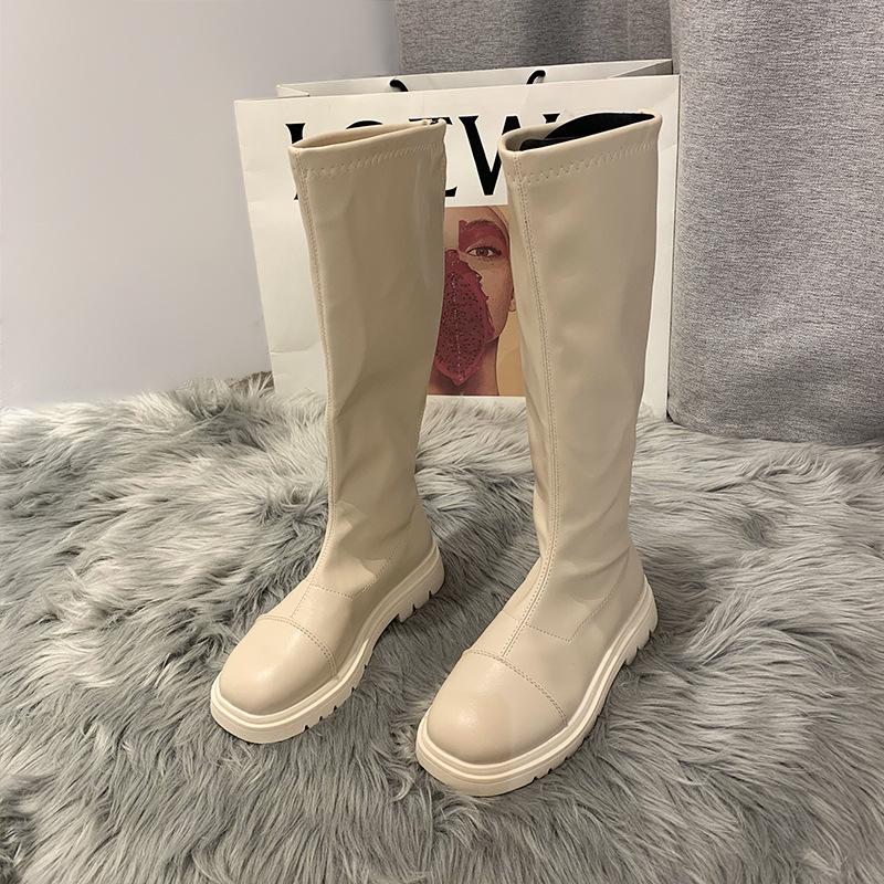 Обувь Женские кожаные сапоги Сапоги-женщины Сексуальные бедра Высокие каблуки Сексуальные круглые носки 2024 выше колена Женские низкие резиновые белые