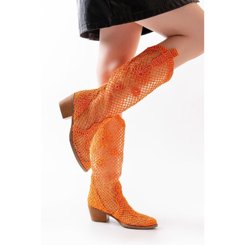 Длинные летние сапоги в стиле вестерн из белой кружевной ткани в ковбойском стиле