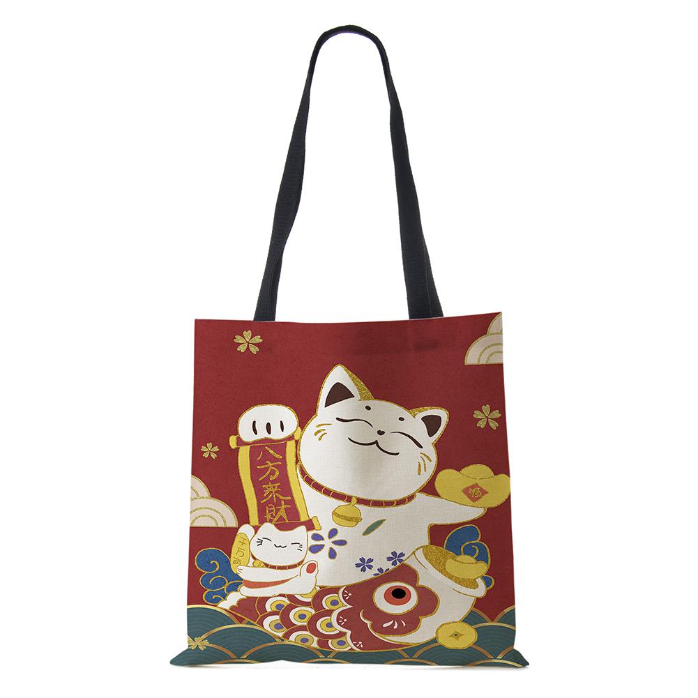 Cat Cartoon Shoulder Bag 2022 Japanese Shopping Reusable Canvas Tote Bag Women High Capacity Simple Casual Folding Handbag KTY