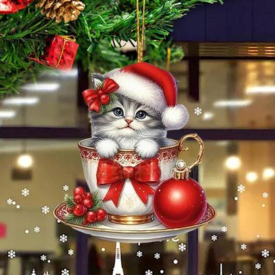 Акриловая чашка с кошкой, подвесные украшения, милый мультяшный кот, рождественское украшение, 2D плоский шарм для зеркала автомобиля для украшения рождественской елки