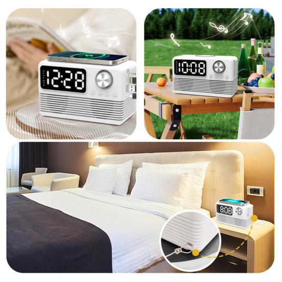 Bluetooth-совместимый динамик с быстрым беспроводным зарядным устройством 15 Вт, стабильное соединение, многофункциональная зарядная станция с будильником и радио 4 в 1